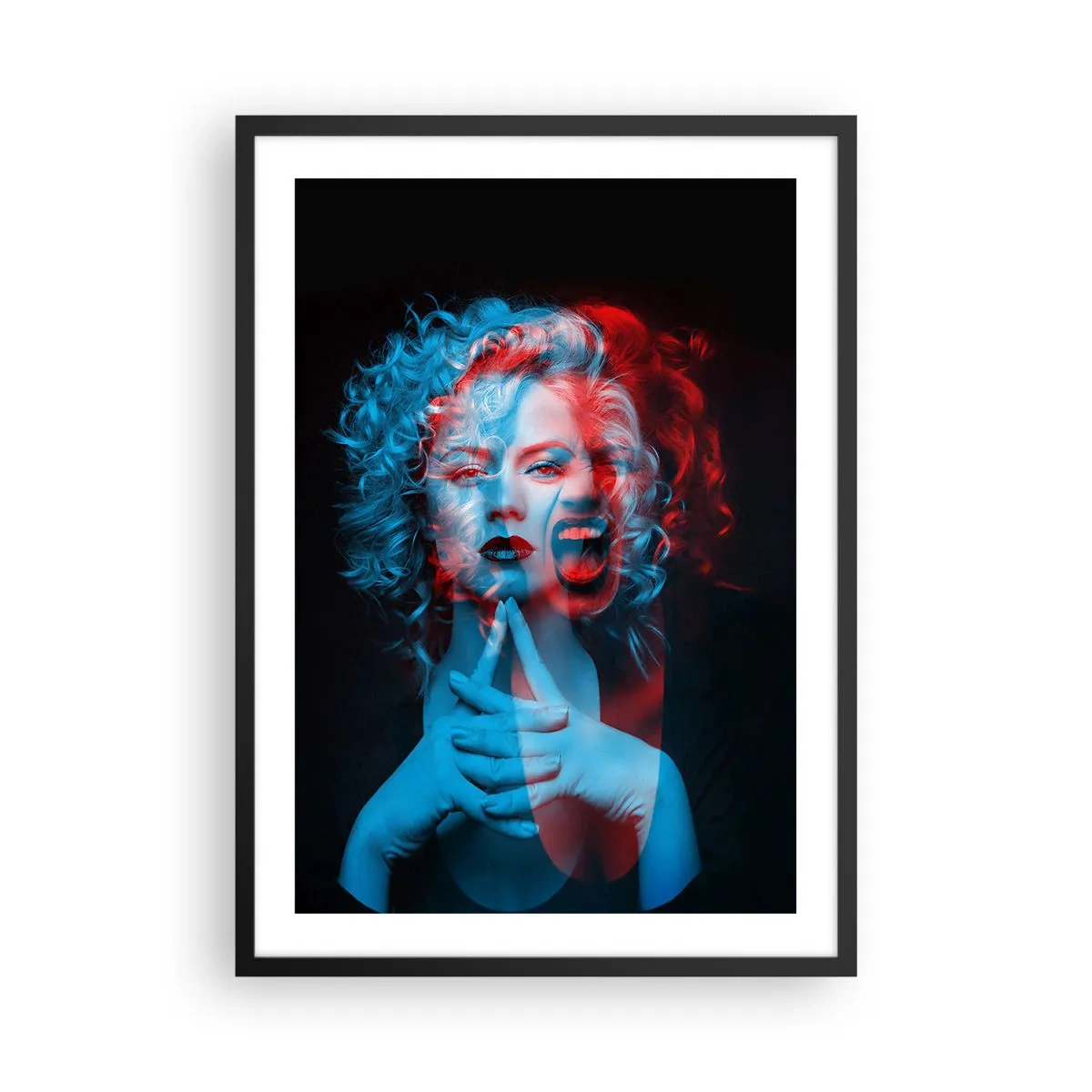Plakát v černém rámu - Umělecký portrét ženy v 3D efektech v červené a modré barvě. - 50x70cm - Alter ego - Moderní nástěnná dekorace do obývacího pokoje a ložnice ARTTOR
