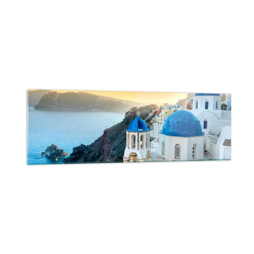 Obraz na skle - Santorini - přitulené ke skalám - 160x50 cm