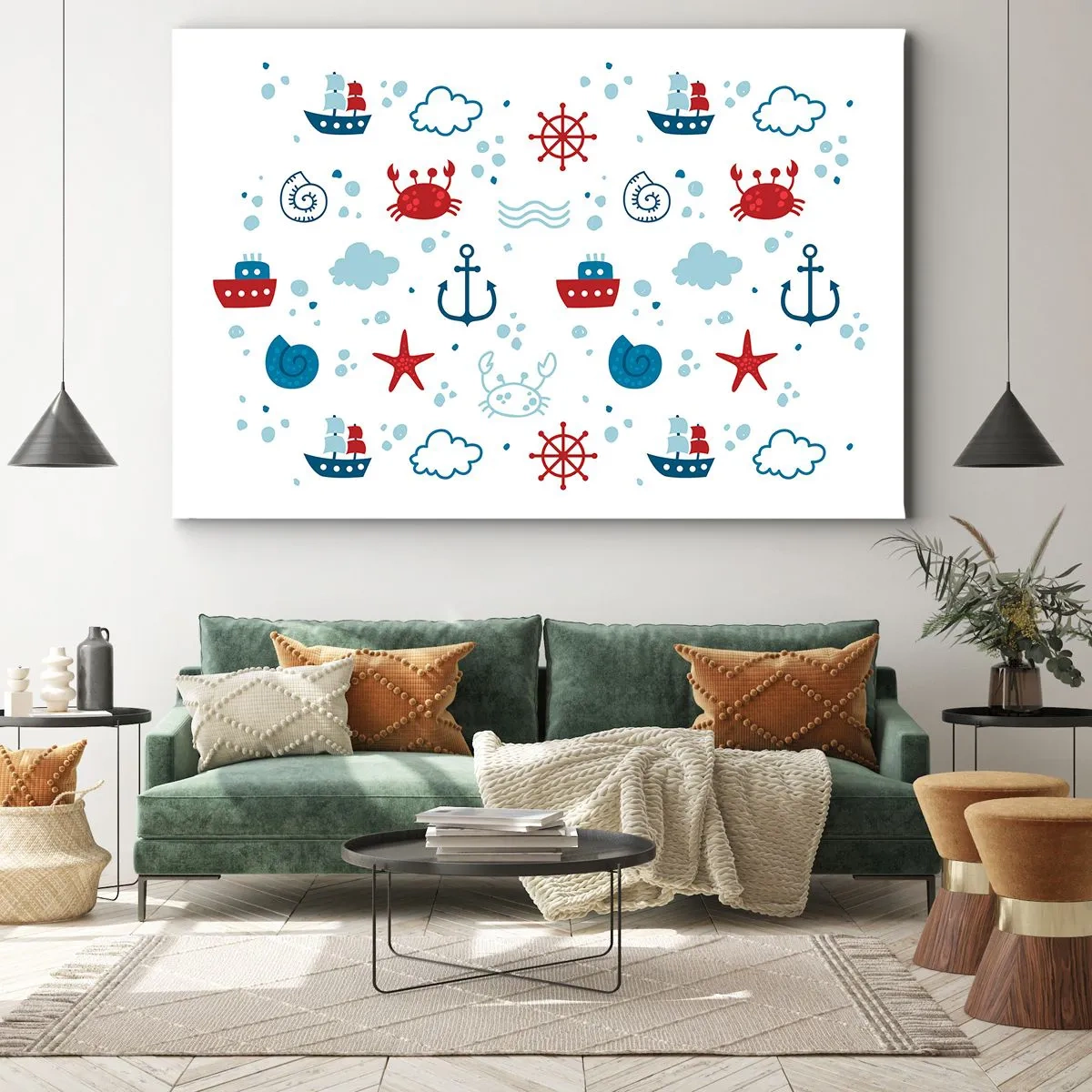 Obraz na plátně - Námořní vzor s kotvami, loděmi a kraby - 70x50cm - Mořská pohádka - Moderní nástěnná dekorace do obývacího pokoje a ložnice ARTTOR
