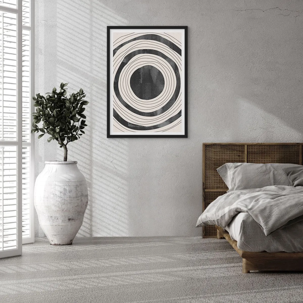 Plakát v černém rámu - Abstraktní soustředné kruhy v černé a bílé - 50x70cm - Přesný zásah - Moderní nástěnná dekorace do obývacího pokoje a ložnice ARTTOR