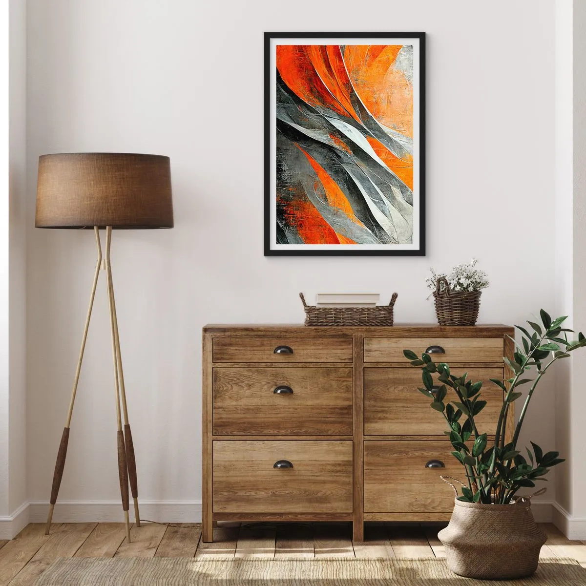 Plakát v černém rámu - Dynamická abstrakce v odstínech oranžové a šedé - 50x70cm - Žár a chlad - Moderní nástěnná dekorace do obývacího pokoje a ložnice ARTTOR