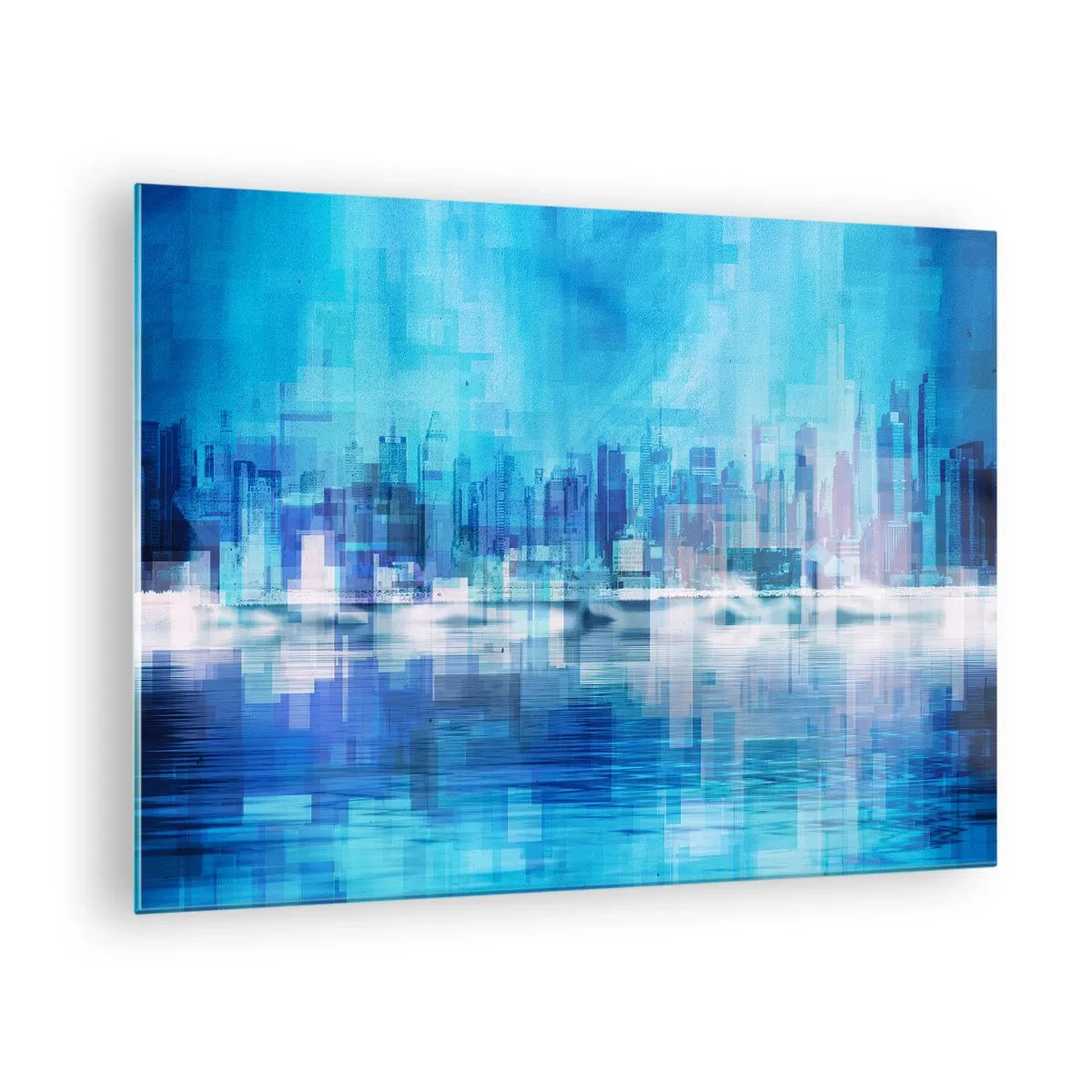 Obraz na skle - Moderní panorama města v odstínech modré - 70x50cm - Utopené v modři - Moderní nástěnná dekorace do obývacího pokoje a ložnice ARTTOR