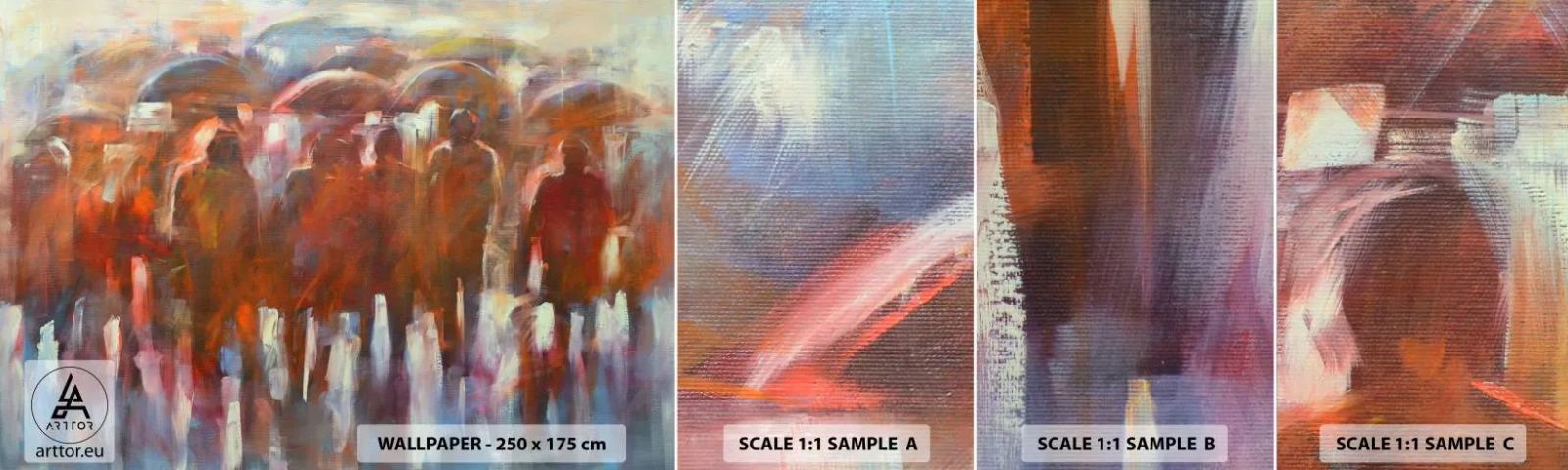 Vzor Fototapety Samolepicí Deluxe Sticker - Rovnocenní v dešti a mlze - Lidé, Rušné město, Kus - 100x30 cm