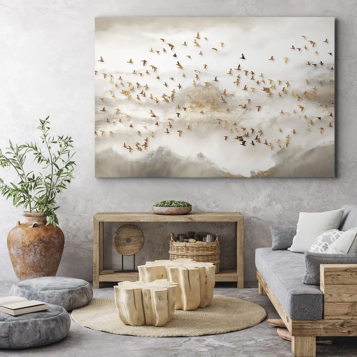 Obraz na plátně - Zlatí ptáci proti mlhavým horám - 70x50cm - Je čas… - Moderní nástěnná dekorace do obývacího pokoje a ložnice ARTTOR
