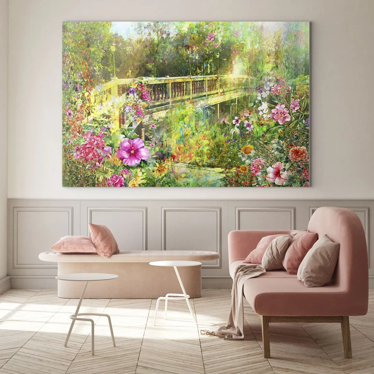 Obraz na skle - Most obklopený bujnou vegetací a barevnými květinami - 70x50cm - Můstek jarního vzdychání - Moderní nástěnná dekorace do obývacího pokoje a ložnice ARTTOR