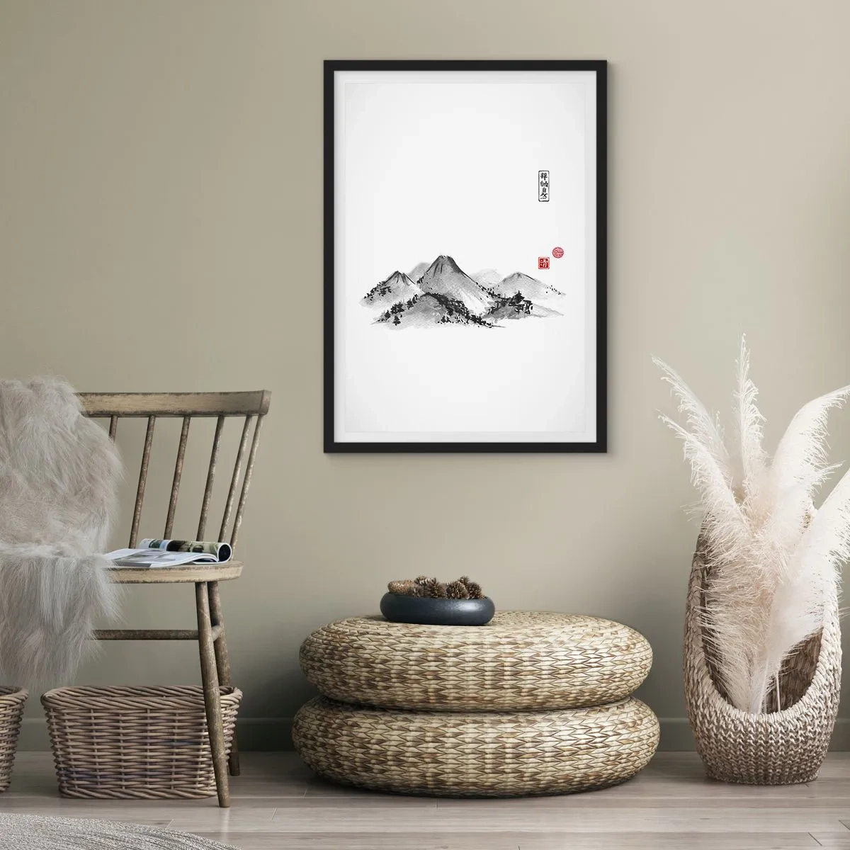 Plakát v černém rámu - Minimalistická horská krajina v japonském stylu - 50x70cm - Za hranicí vzdálenosti - Moderní nástěnná dekorace do obývacího pokoje a ložnice ARTTOR