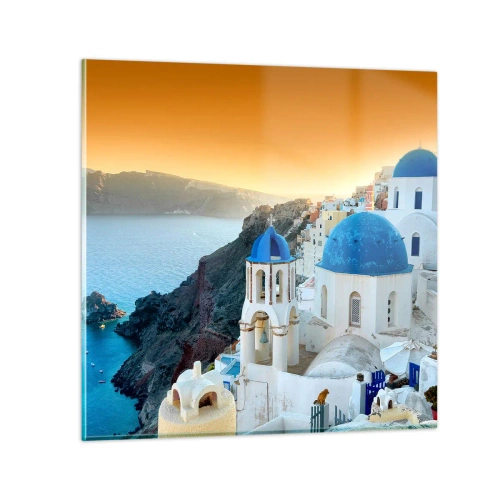 Obraz na skle - Santorini - přitulené ke skalám - 60x60 cm