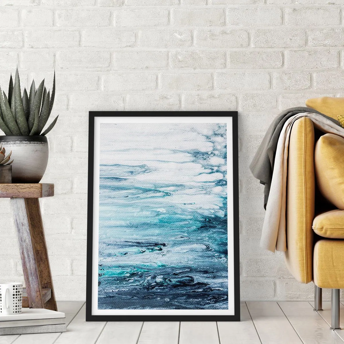 Plakát v černém rámu - Abstraktní vzor v odstínech modré a šedé - 50x70cm - Modré rampouchy - Moderní nástěnná dekorace do obývacího pokoje a ložnice ARTTOR