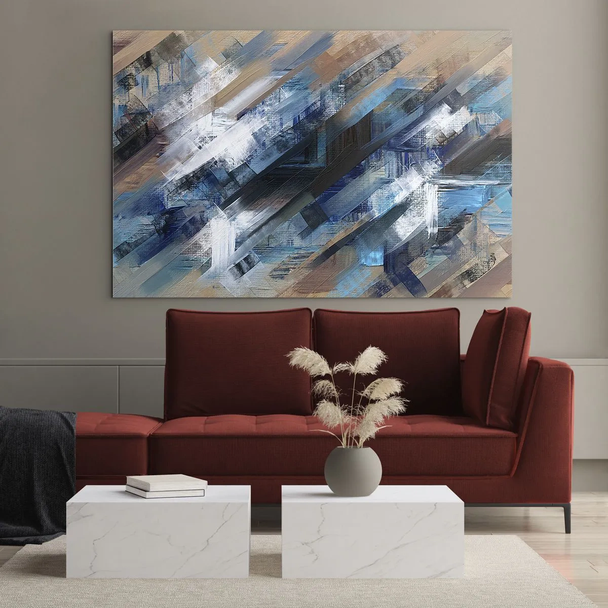 Obraz na skle - Abstraktní diagonální pruhy v odstínech modré, bílé a béžové - 70x50cm - Na modrém úkosu - Moderní nástěnná dekorace do obývacího pokoje a ložnice ARTTOR