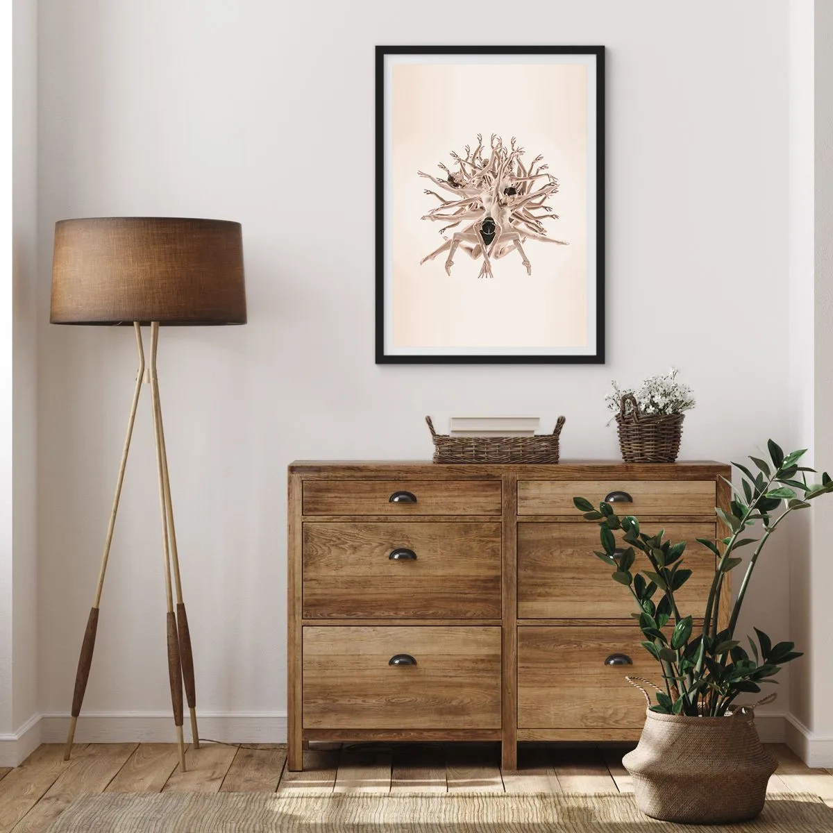 Plakát v černém rámu - Umělecká kompozice tanečnice v jemných béžových barvách. - 50x70cm - Rozkvět v tanci - Moderní nástěnná dekorace do obývacího pokoje a ložnice ARTTOR