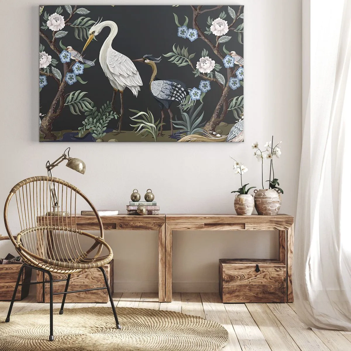 Obraz na plátně - Malovaní ptáci a rostliny na tmavém pozadí s elegantním vzorem - 70x50cm - Ptačí průvod - Moderní nástěnná dekorace do obývacího pokoje a ložnice ARTTOR