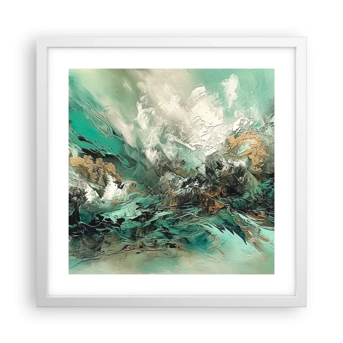 Plakát v bílém rámu - Smaragdově černé vlnobití - 40x40 cm