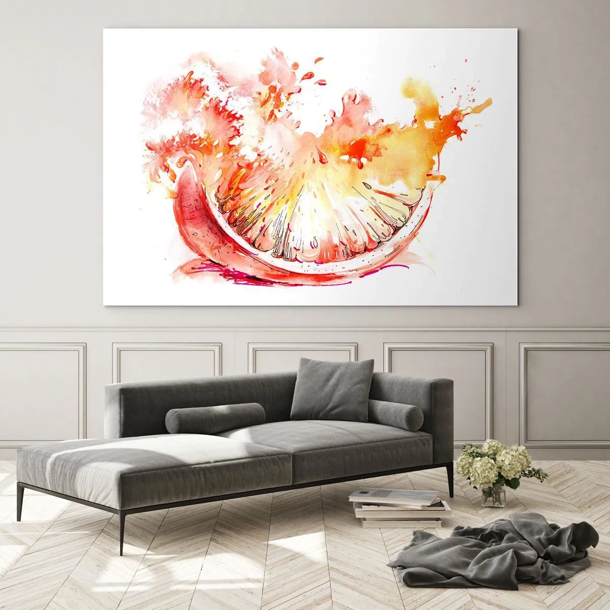 Obraz na skle - Akvarelová malba šťavnatého segmentu grapefruitu v pohybu - 70x50cm - Šťavnaté osvěžení - Moderní nástěnná dekorace do obývacího pokoje a ložnice ARTTOR