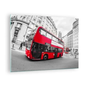 Obraz na skle - Červený autobus v pohybu na pozadí londýnských ulic - 70x50cm - Londýn tradičně - by bus - Moderní nástěnná dekorace do obývacího pokoje a ložnice ARTTOR