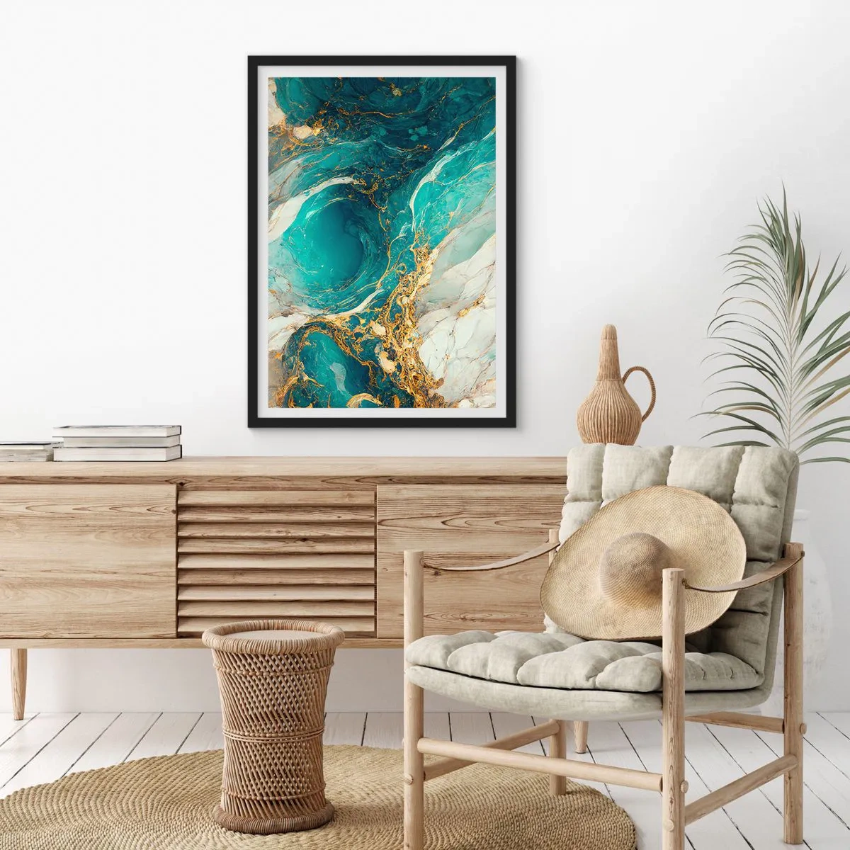 Plakát v černém rámu - Tyrkysová abstrakce se zlatými akcenty - 50x70cm - Kompozice se zlatými žilami - Moderní nástěnná dekorace do obývacího pokoje a ložnice ARTTOR