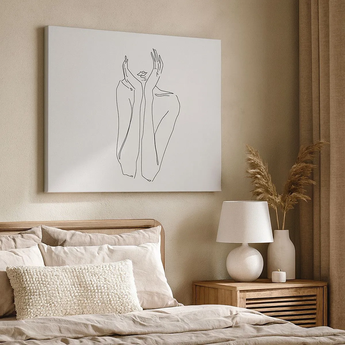 Obraz na plátně - Minimalistická kresba obličeje a rukou - 70x50cm - O čem sní dívky - Moderní nástěnná dekorace do obývacího pokoje a ložnice ARTTOR