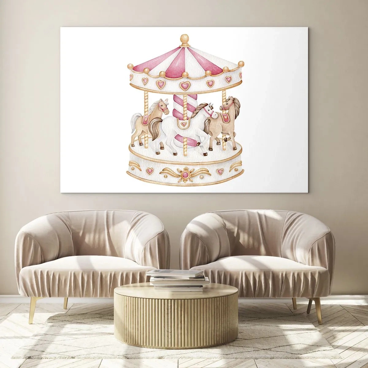 Obraz na skle - Růžový kolotoč s koňmi v dětském stylu na bílém pozadí - 70x50cm - Sladký svět dětství - Moderní nástěnná dekorace do obývacího pokoje a ložnice ARTTOR