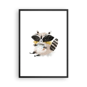 Plakát v černém rámu - Kresba mývala v šálu, který drží šálek čaje. - 50x70cm - Můj přítel mýval - Moderní nástěnná dekorace do obývacího pokoje a ložnice ARTTOR