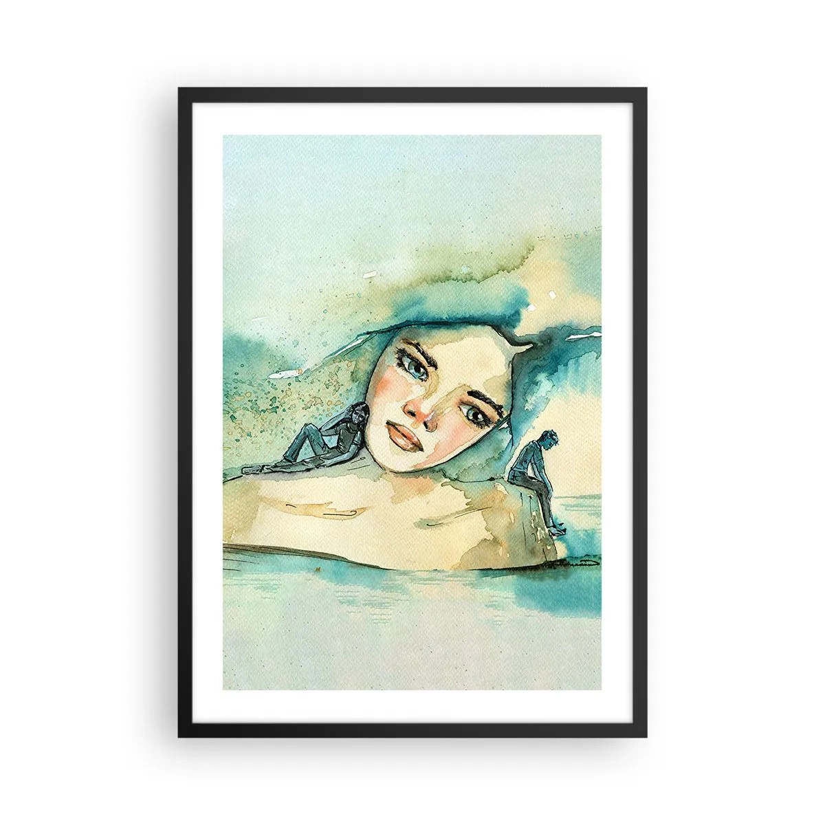 Plakát v černém rámu - Portrét ženy v uměleckém stylu akvarelu - 50x70cm - Am I blue? - Moderní nástěnná dekorace do obývacího pokoje a ložnice ARTTOR