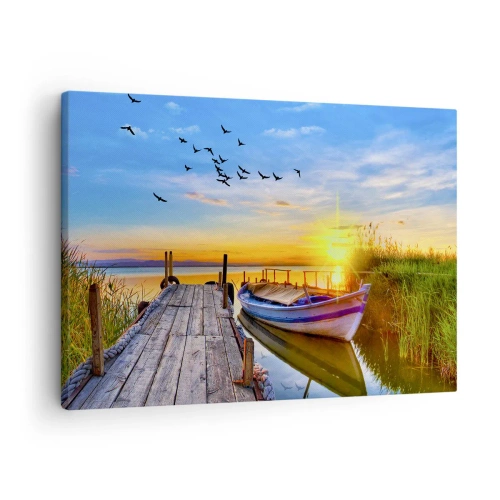 Obraz na plátně - Loď na dřevěném molu při západu slunce - 70x50cm - Na shledanou zítra - Moderní nástěnná dekorace do obývacího pokoje a ložnice ARTTOR