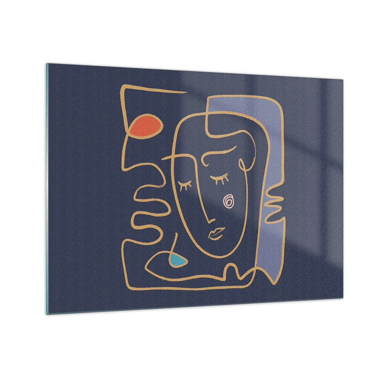 Obraz na skle - Abstraktní obličej v obrysu na tmavě modrém pozadí - 70x50cm - V zádumčivosti - Moderní nástěnná dekorace do obývacího pokoje a ložnice ARTTOR