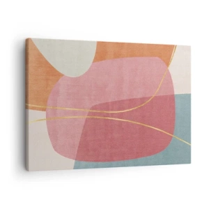 Obraz na plátně - Abstraktní tvary v pastelových barvách s jemnými liniemi - 70x50cm - Pastelová kompozice se zlatou nití - Moderní nástěnná dekorace do obývacího pokoje a ložnice ARTTOR