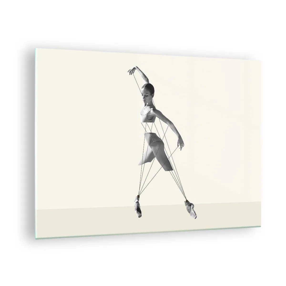 Obraz na skle - Černobílá silueta baletky s geometrickým liniovým motivem - 70x50cm - V divadle světa - Moderní nástěnná dekorace do obývacího pokoje a ložnice ARTTOR