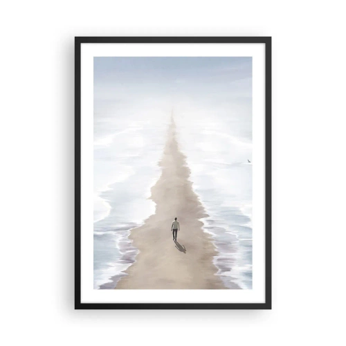 Plakát v černém rámu - Postava kráčí sama po cestě mezi klidnými vodami. - 50x70cm - Světlá budoucnost - Moderní nástěnná dekorace do obývacího pokoje a ložnice ARTTOR