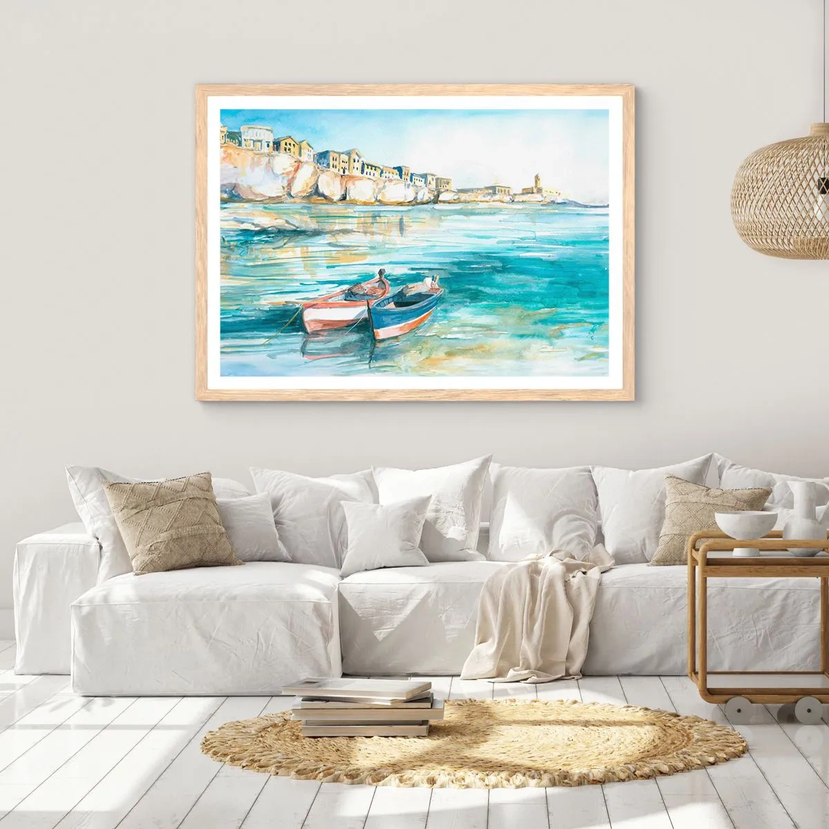 Plakát v rámu světlý dub - Krajina v modří - 100x70 cm