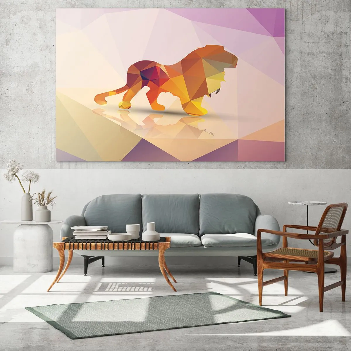 Obraz na skle - Geometrický lev v barevné abstrakci - 70x50cm - Diamantový král - Moderní nástěnná dekorace do obývacího pokoje a ložnice ARTTOR