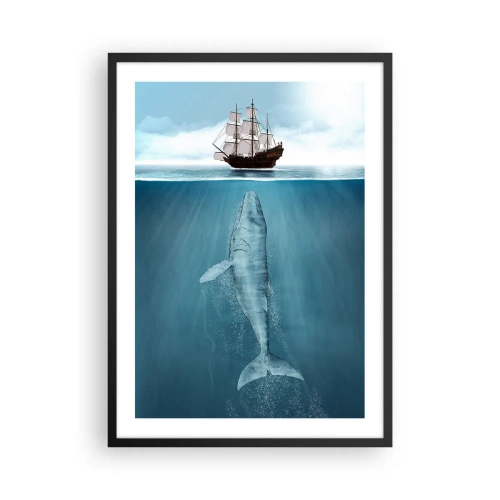 Plakát v černém rámu - Loď na hladině s velrybou pod ní, v surrealistickém záběru - 50x70cm - Lepší nevědět - Moderní nástěnná dekorace do obývacího pokoje a ložnice ARTTOR