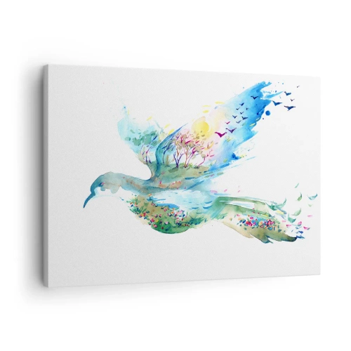 Obraz na plátně - Akvarelová kompozice ptáka s prvky přírody - 70x50cm - Na křídlech přírody - Moderní nástěnná dekorace do obývacího pokoje a ložnice ARTTOR