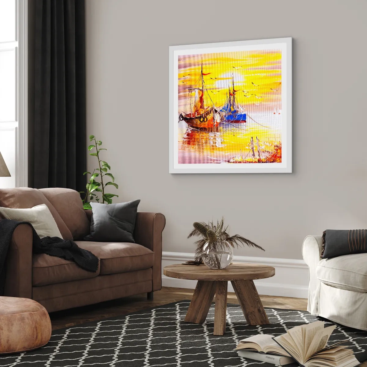 Plakát v bílém rámu - Zasloužený odpočinek v přístavu - 40x40 cm