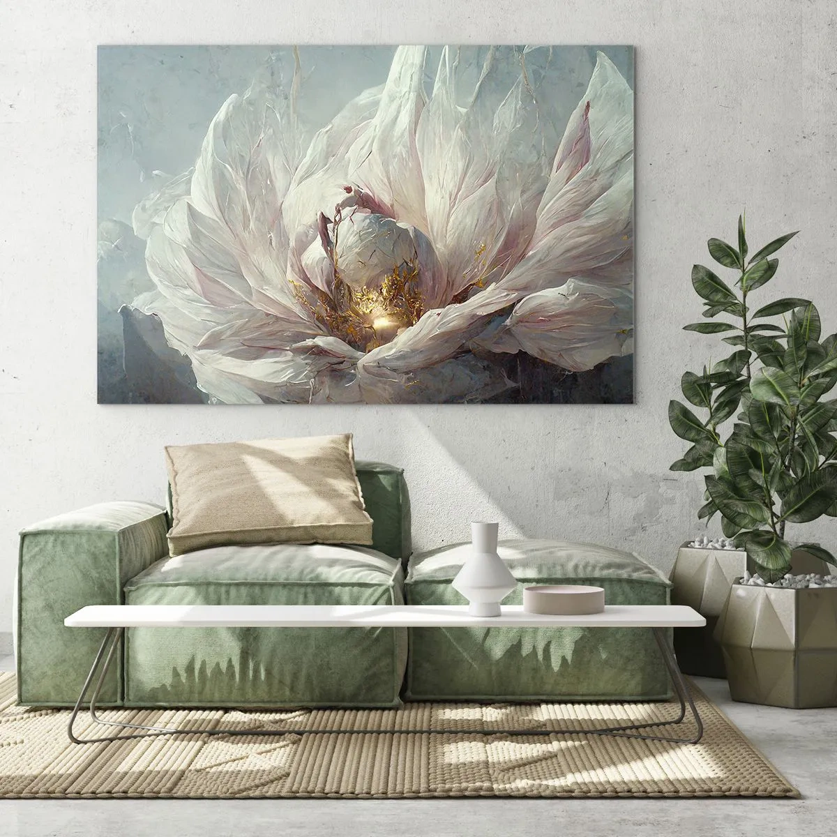 Obraz na skle - Kvetoucí květina v jemných šedých a zlatých odstínech - 70x50cm - Rozkvétá jednou za sto let - Moderní nástěnná dekorace do obývacího pokoje a ložnice ARTTOR