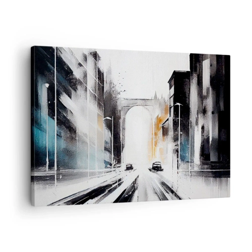 Obraz na plátně - Abstraktní panorama města s klenutým mostem - 70x50cm - Studie města: architektura a pohyb - Moderní nástěnná dekorace do obývacího pokoje a ložnice ARTTOR