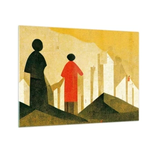 Obraz na skle - Geometrické siluety postav mezi vysokými formami na pozadí žluté oblohy - 70x50cm - Ještě hodně daleko - Moderní nástěnná dekorace do obývacího pokoje a ložnice ARTTOR