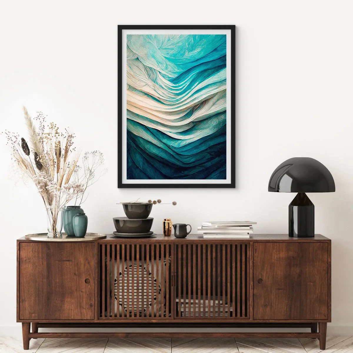 Plakát v černém rámu - Abstraktní kompozice vln v odstínech modré a béžové - 50x70cm - Modrá neukojitelnost - Moderní nástěnná dekorace do obývacího pokoje a ložnice ARTTOR