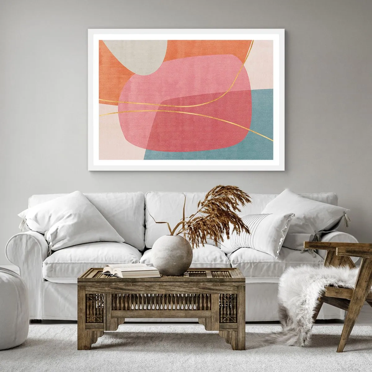 Plakát v bílém rámu - Pastelová kompozice se zlatou nití - 60x60 cm