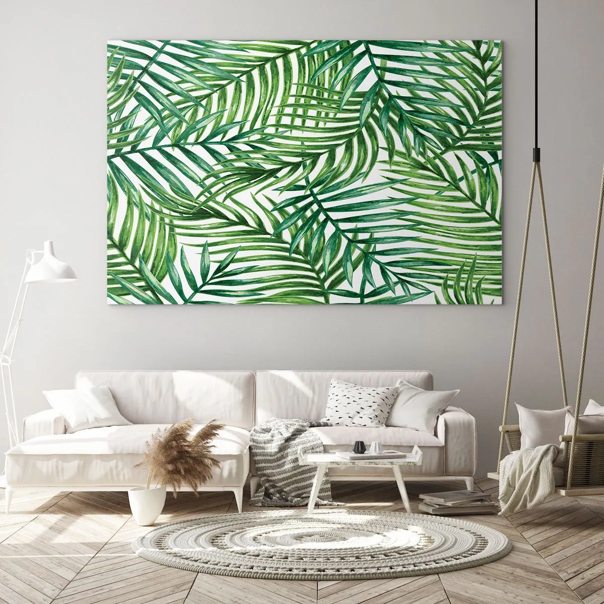Obraz na skle - Zelené palmové listy na bílém pozadí vytvářející geometrický vzor - 70x50cm - Pod zeleným baldachýnem - Moderní nástěnná dekorace do obývacího pokoje a ložnice ARTTOR