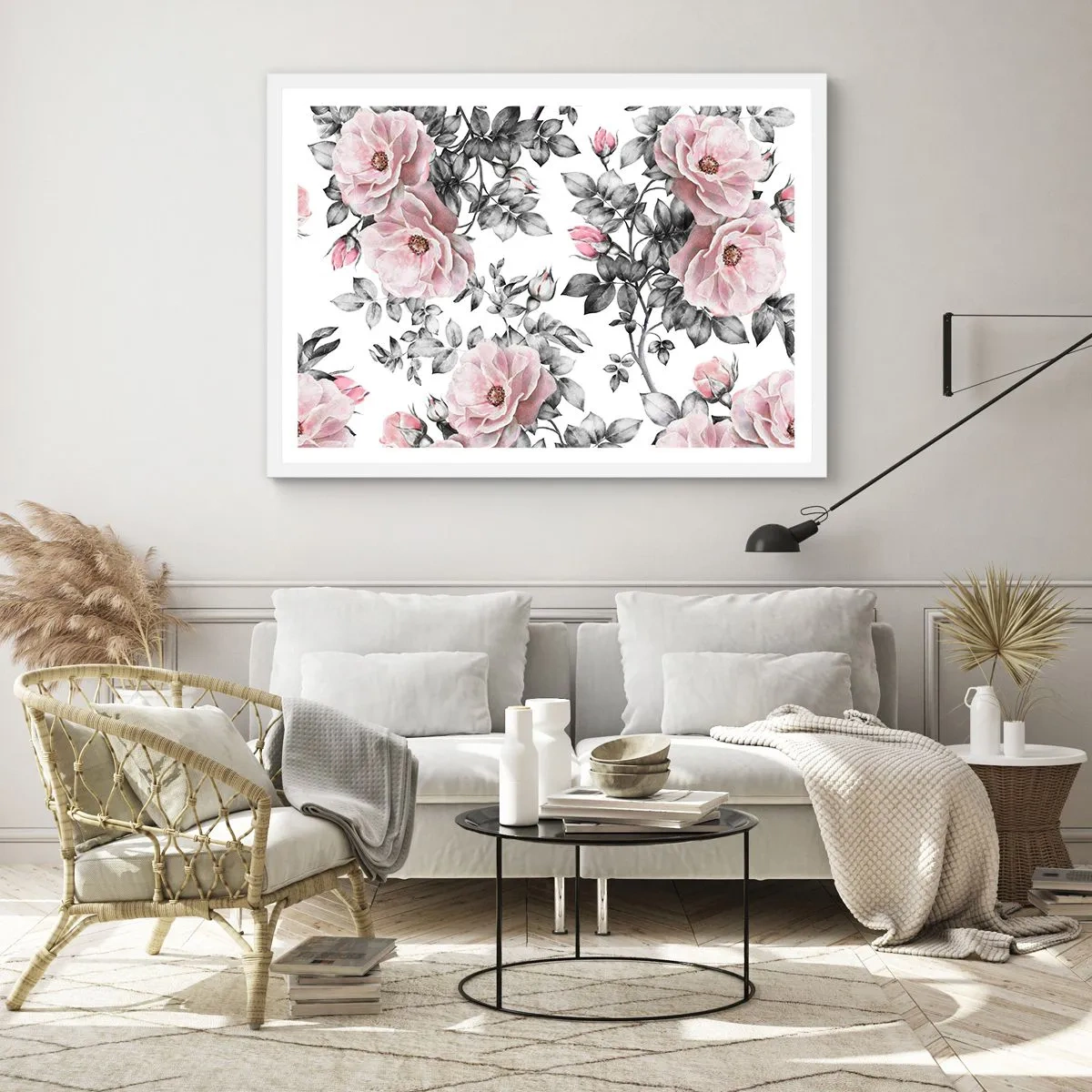 Plakát v bílém rámu - Ztratit se v květinách růží - 91x61 cm