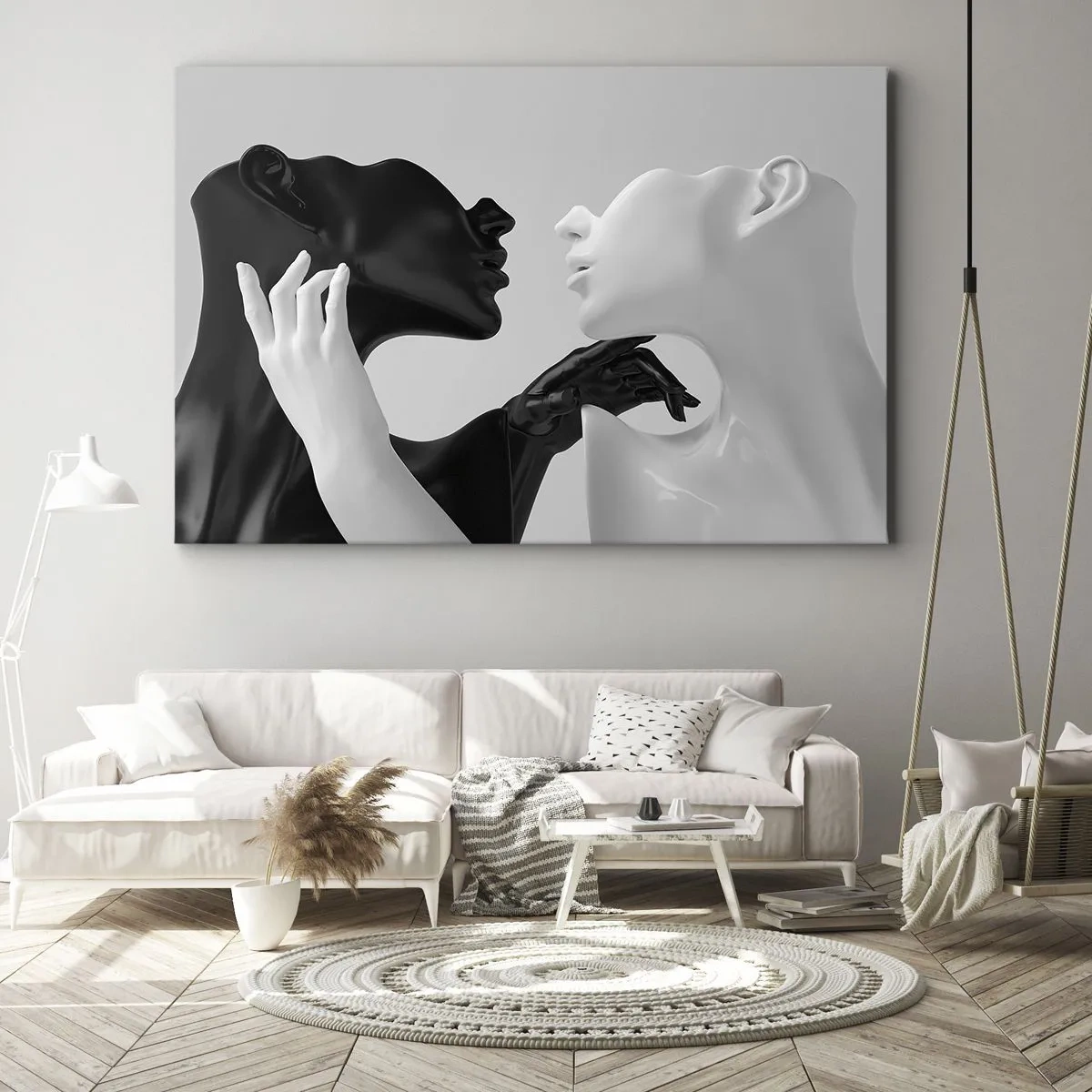 Obraz na plátně - Černobílé siluety v dynamickém detailním záběru - 70x50cm - Přitažlivost – touha - Moderní nástěnná dekorace do obývacího pokoje a ložnice ARTTOR