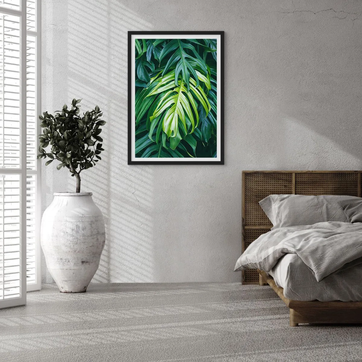 Plakát v černém rámu - Detail zelených listů monstery - 50x70cm - Ponořit se do svěžesti - Moderní nástěnná dekorace do obývacího pokoje a ložnice ARTTOR