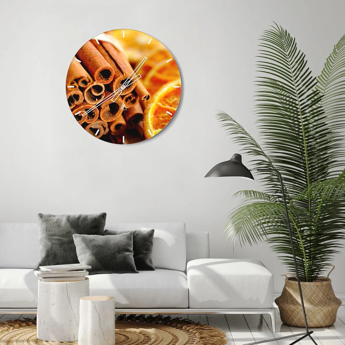 Nástěnné hodiny - Skořicové tyčinky a sušené pomeranče v teplých tónech - 30x30cm - Cítíte jejich aroma? - Moderní nástěnná dekorace do obývacího pokoje, kuchyně a ložnice ARTTOR