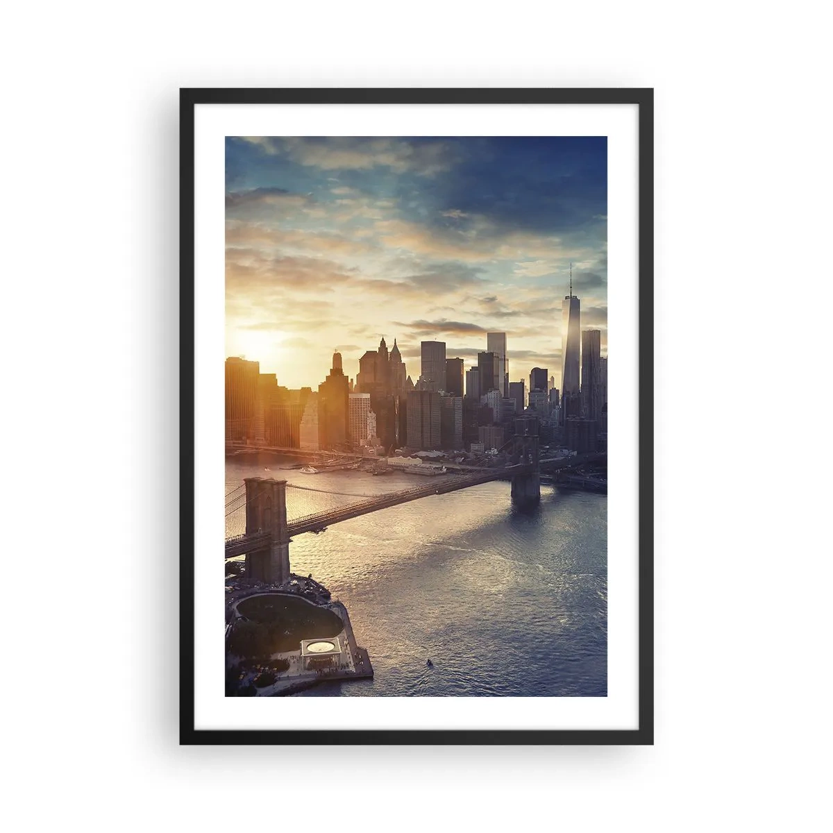 Plakát v černém rámu - Pohled na Manhattan při západu slunce s Brooklynským mostem - 50x70cm - Pomník kultury Západu - Moderní nástěnná dekorace do obývacího pokoje a ložnice ARTTOR