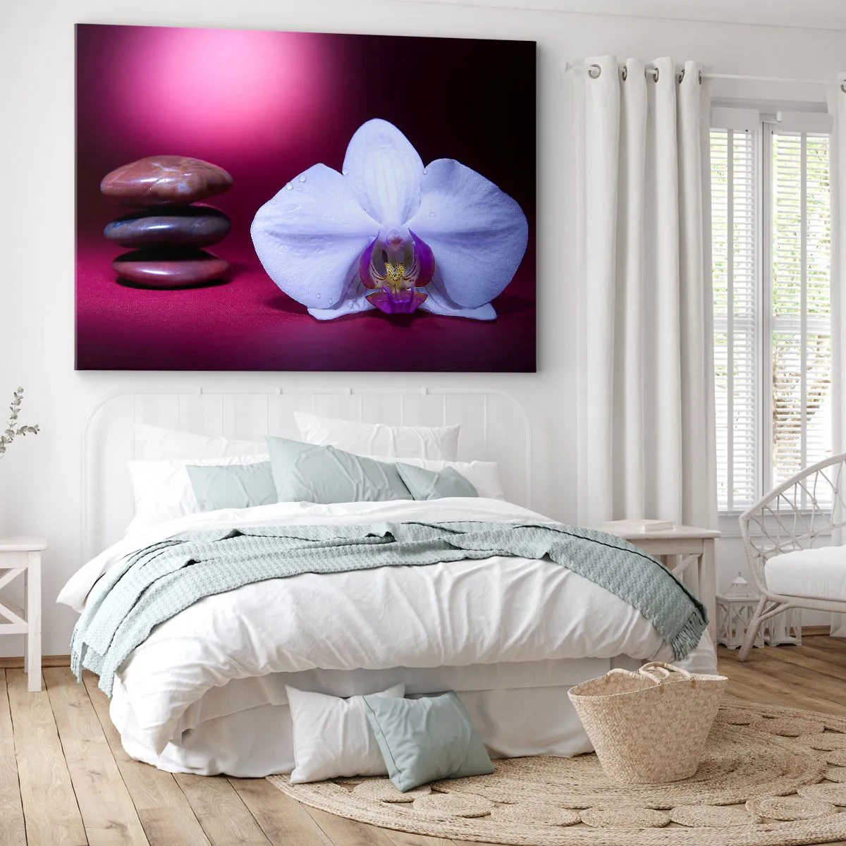 Obraz na plátně - Bílá orchidej a kameny na růžovém pozadí - 70x50cm - Studie svěžesti ve fialové - Moderní nástěnná dekorace do obývacího pokoje a ložnice ARTTOR