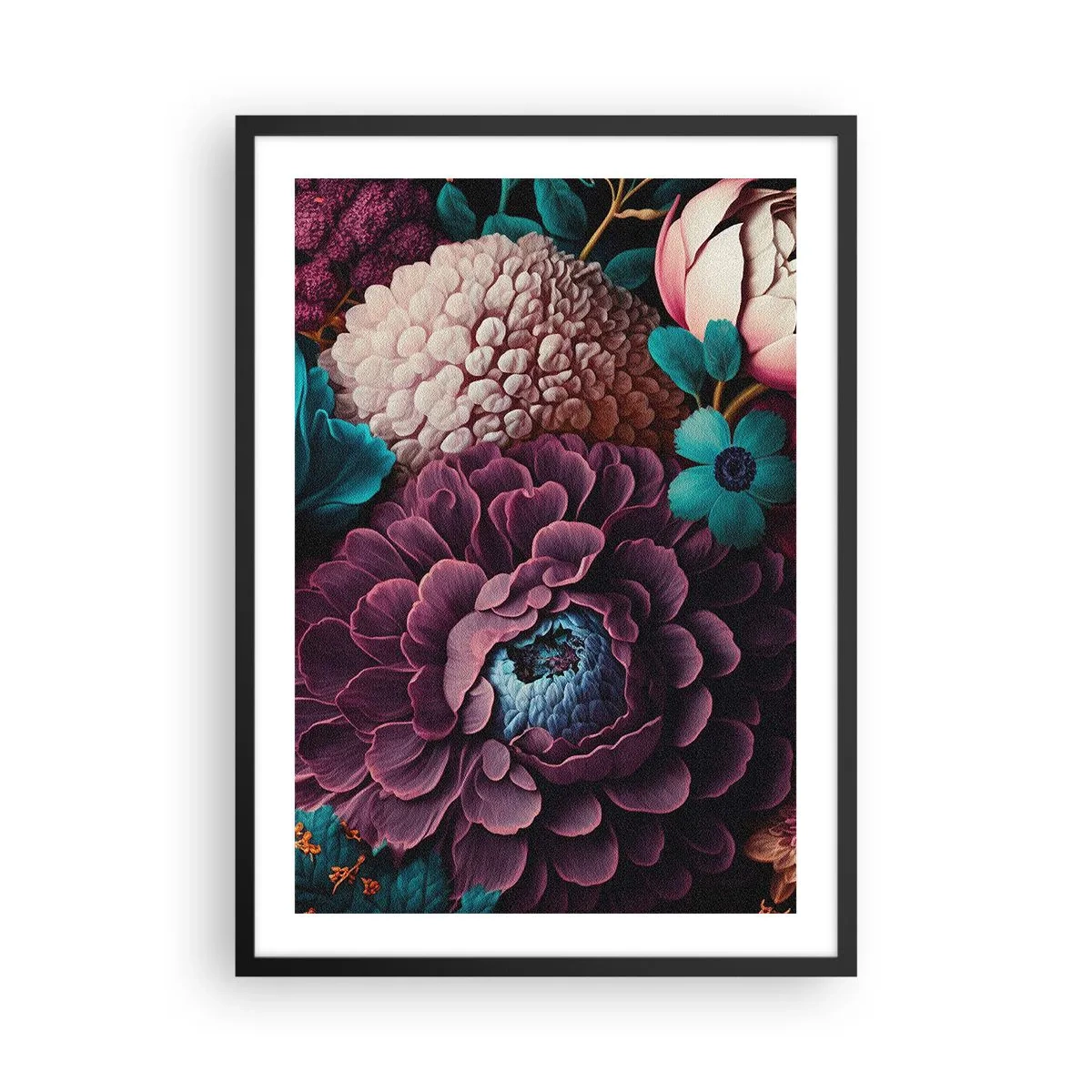 Plakát v černém rámu - Květinové aranžmá v tmavých odstínech - 50x70cm - Úroda přírody - Moderní nástěnná dekorace do obývacího pokoje a ložnice ARTTOR