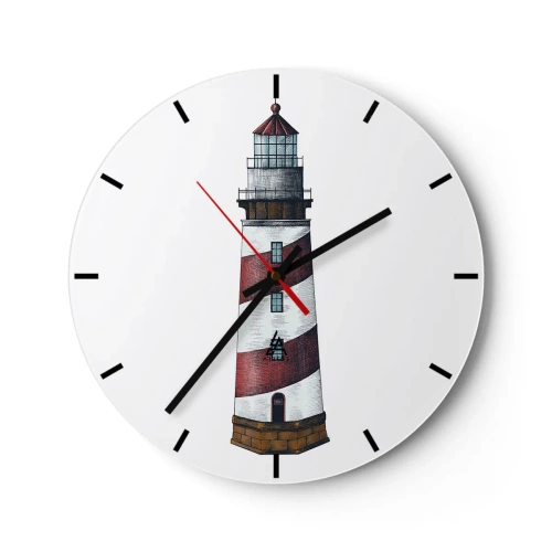 Nástěnné hodiny - Maják s červenými a bílými pruhy na bílém pozadí - 30x30cm - Vždy na stráži - Moderní nástěnná dekorace do obývacího pokoje, kuchyně a ložnice ARTTOR