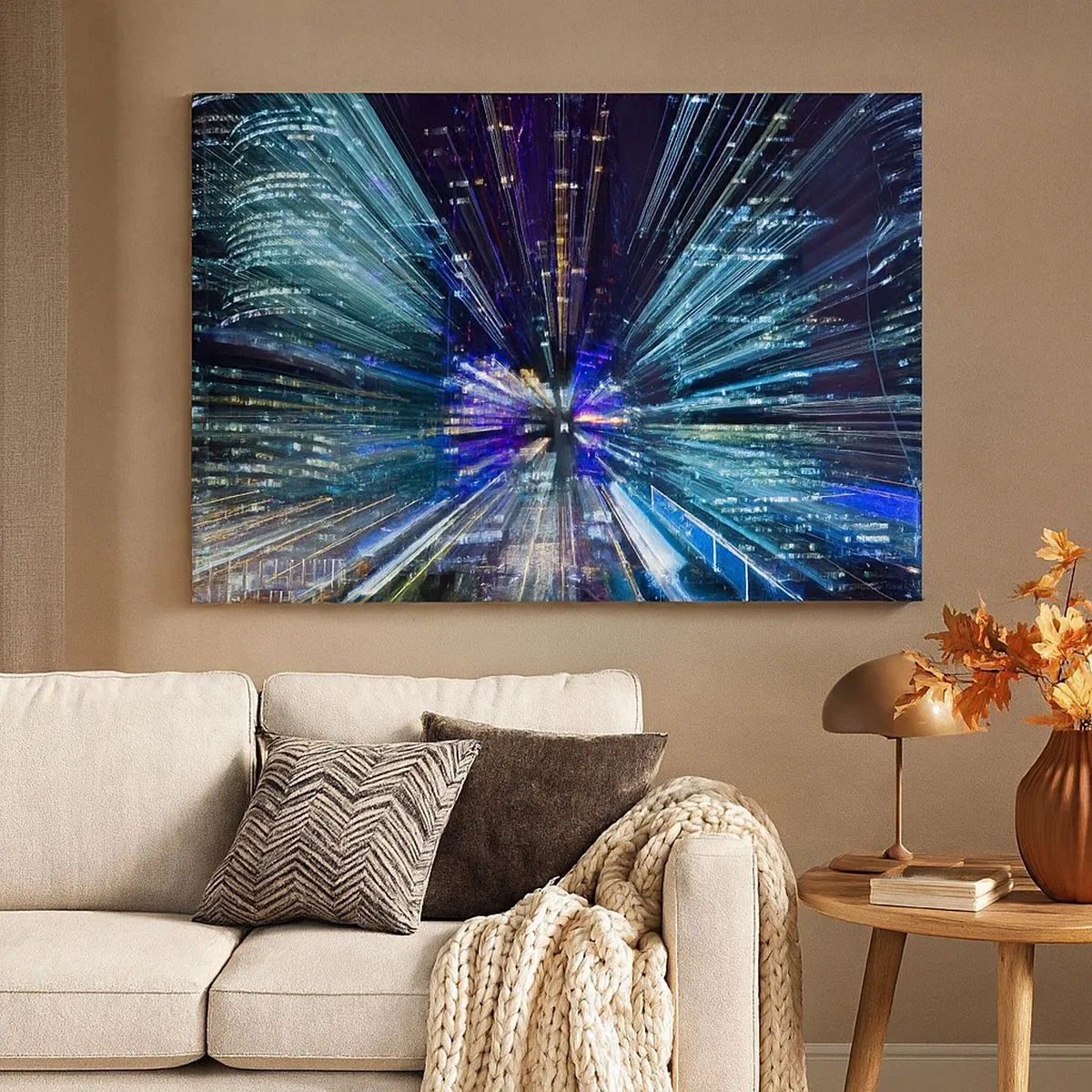Obraz na plátně - Dynamický pohled na město v noci se světelným efektem - 70x50cm - Přechod do hyperprostoru - Moderní nástěnná dekorace do obývacího pokoje a ložnice ARTTOR