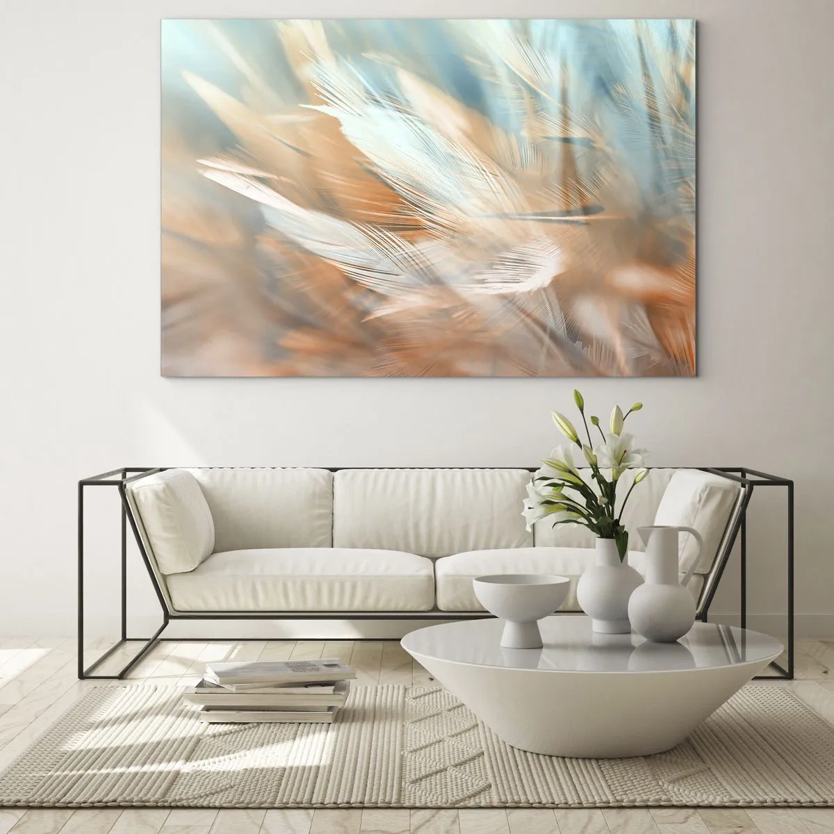Obraz na skle - Jemné peří v pastelových odstínech tyrkysové a broskvové - 70x50cm - V krajině něhy - Moderní nástěnná dekorace do obývacího pokoje a ložnice ARTTOR