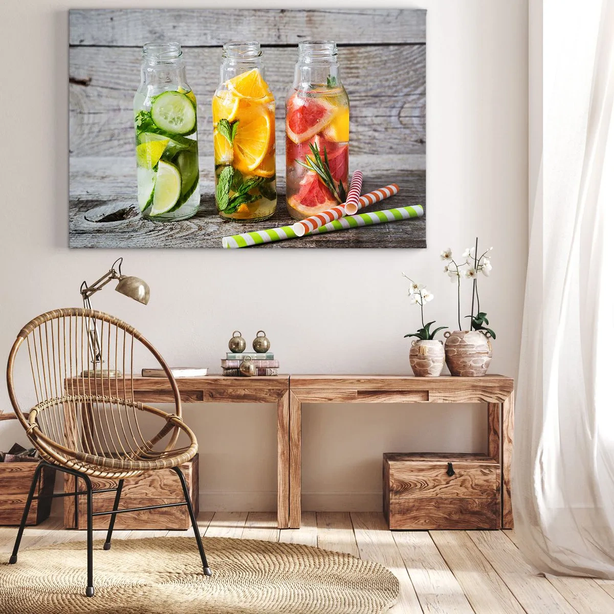 Obraz na plátně - Lahve ovocné vody a bylinek na dřevěném pozadí - 70x50cm - Zdravé od přírody - Moderní nástěnná dekorace do obývacího pokoje a ložnice ARTTOR